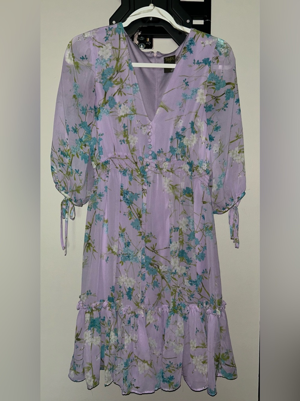 Taylor Lavender Floral V-Neck Midi Dress with Blue and White Blooms